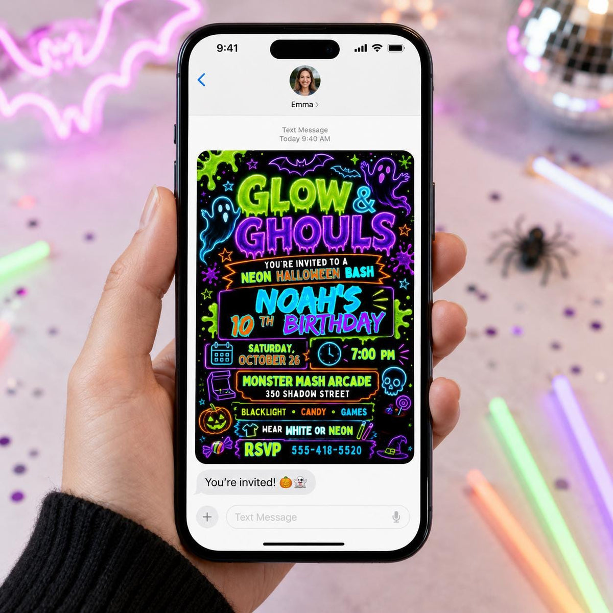 Ghost Neon Halloween 10th Birthday Invitation — invitation you personalize in Canva