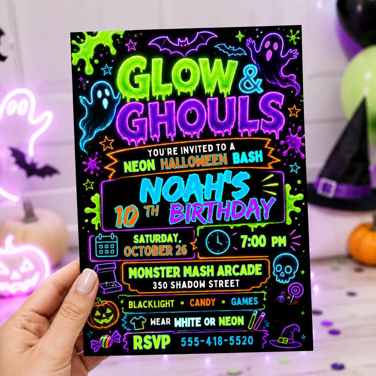 Ghost Neon Halloween 10th Birthday Invitation — print-ready 10th birthday party design from VoltBy