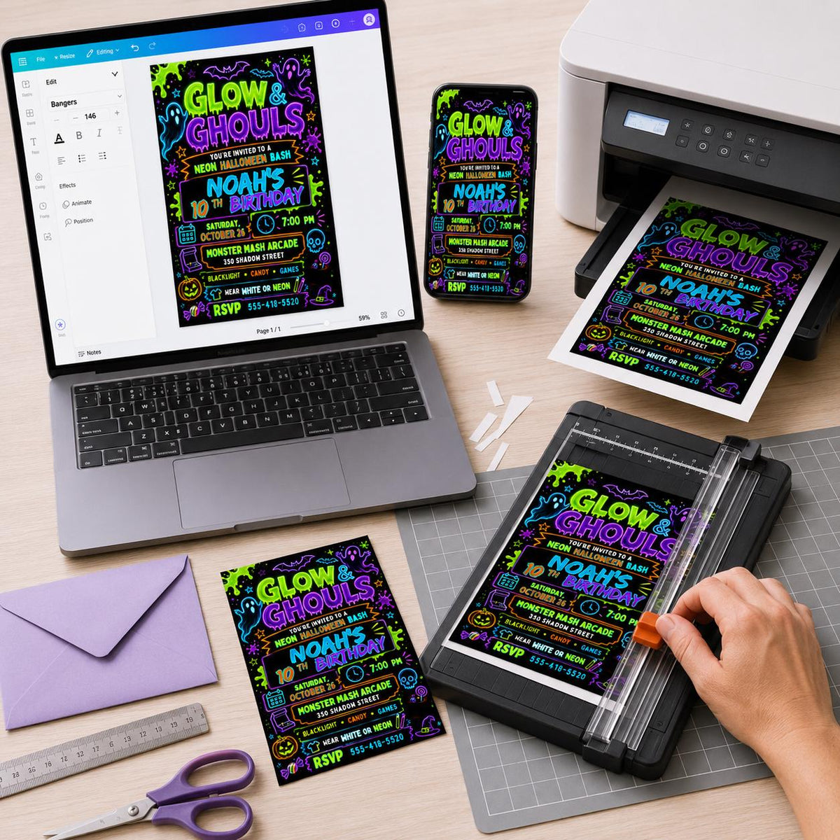Ghost Neon Halloween 10th Birthday Invitation — digital invitation, instant download