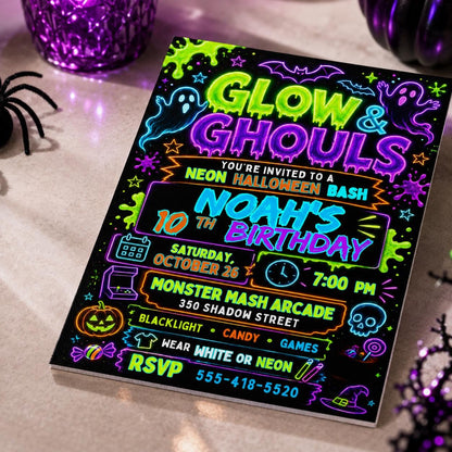 Ghost Neon Halloween 10th Birthday Invitation — 10th birthday party stationery by VoltBy
