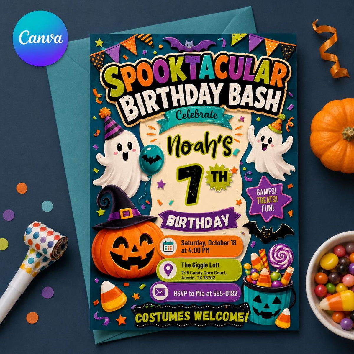 Ghost Spooktacular 7th Birthday Invitation — editable Canva template