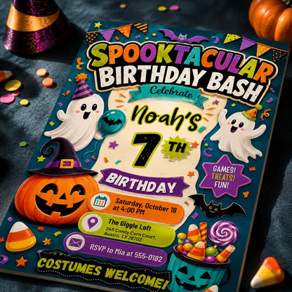 Ghost Spooktacular 7th Birthday Invitation — print-ready 7th birthday party design from VoltBy