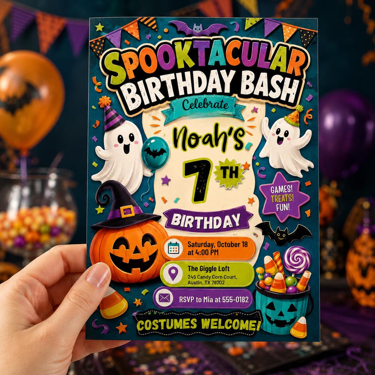 Ghost Spooktacular 7th Birthday Invitation — 7th birthday party stationery by VoltBy