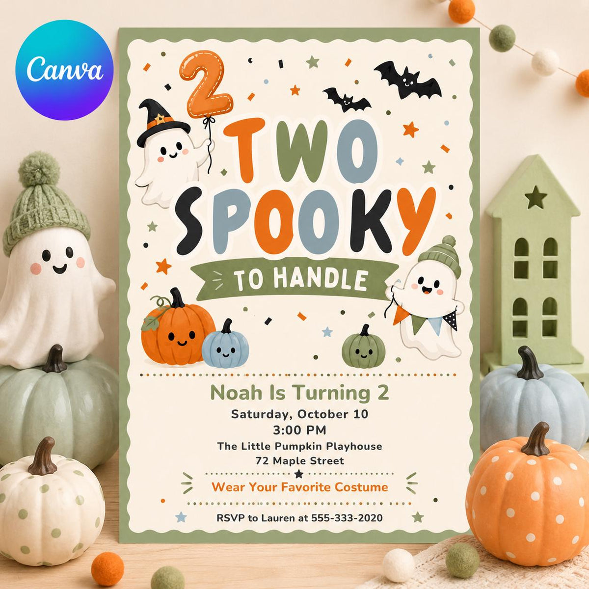 Ghost Two Spooky to Handle Invitation — editable Canva template
