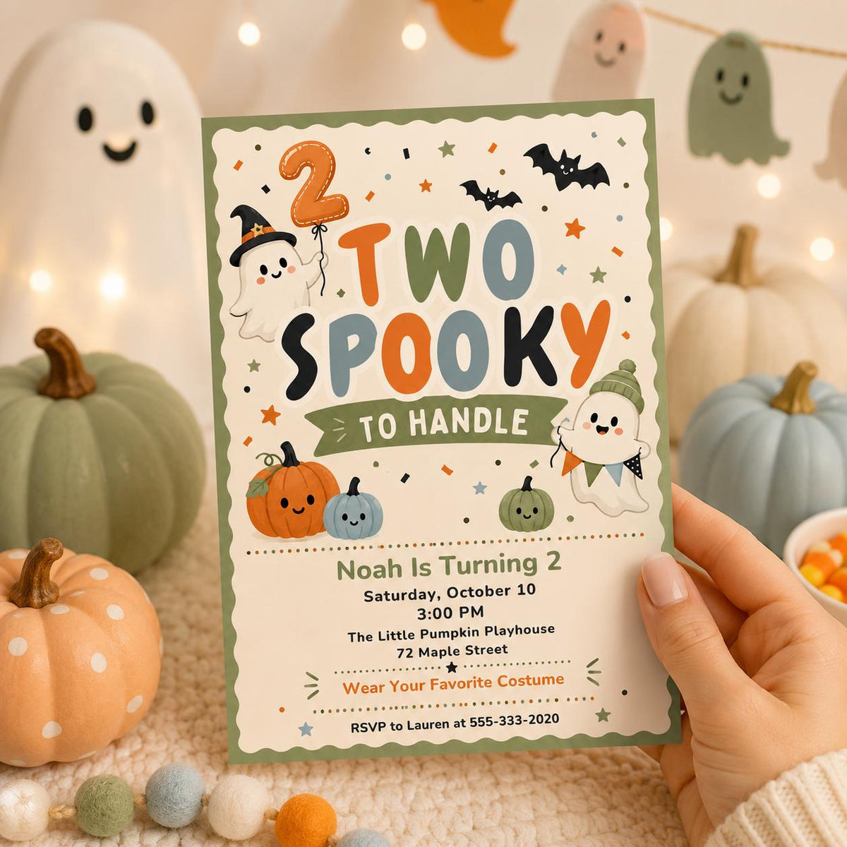 Ghost Two Spooky to Handle Invitation — print-ready 2nd birthday party design from VoltBy