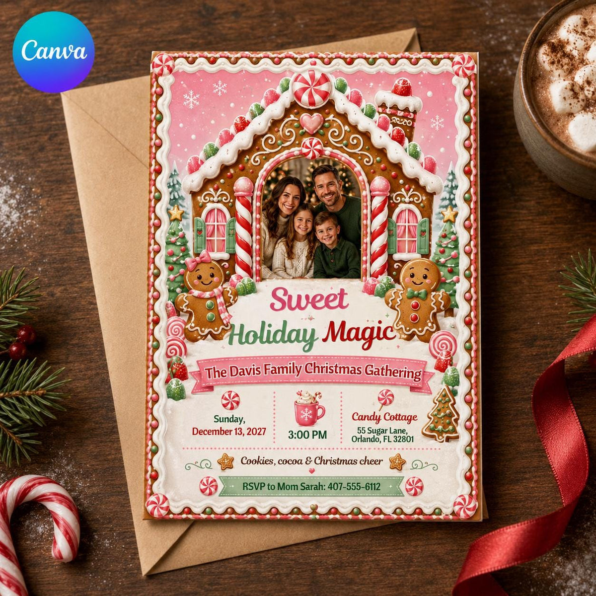 Gingerbread Christmas Party Invitation — editable Canva template