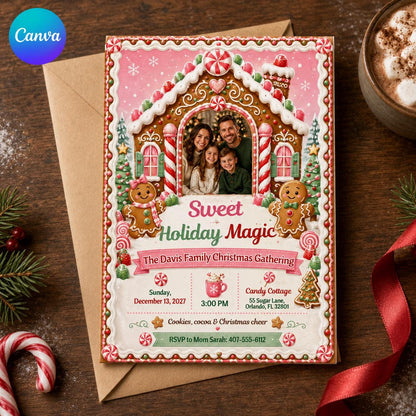 Gingerbread Christmas Party Invitation — editable Canva template
