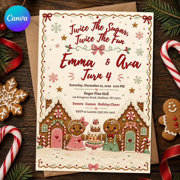 Gingerbread Twins 4th Birthday Invitation with Candy Houses – Design A