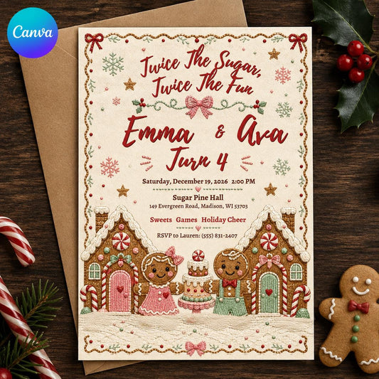 Gingerbread Twins 4th Birthday Invitation with Candy Houses — editable Canva template