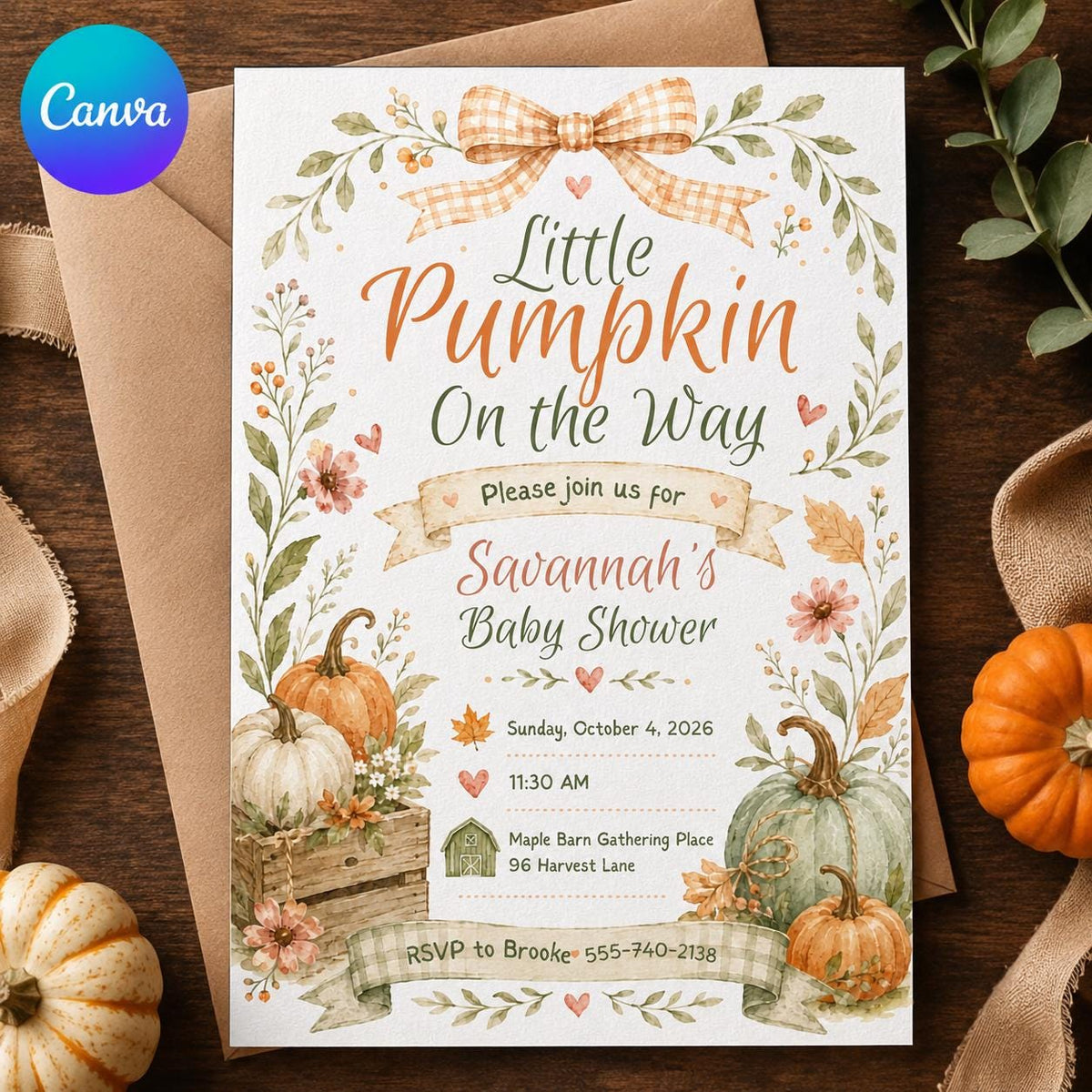 Gingham Bow Harvest Pumpkin Baby Shower Invitation — editable Canva template