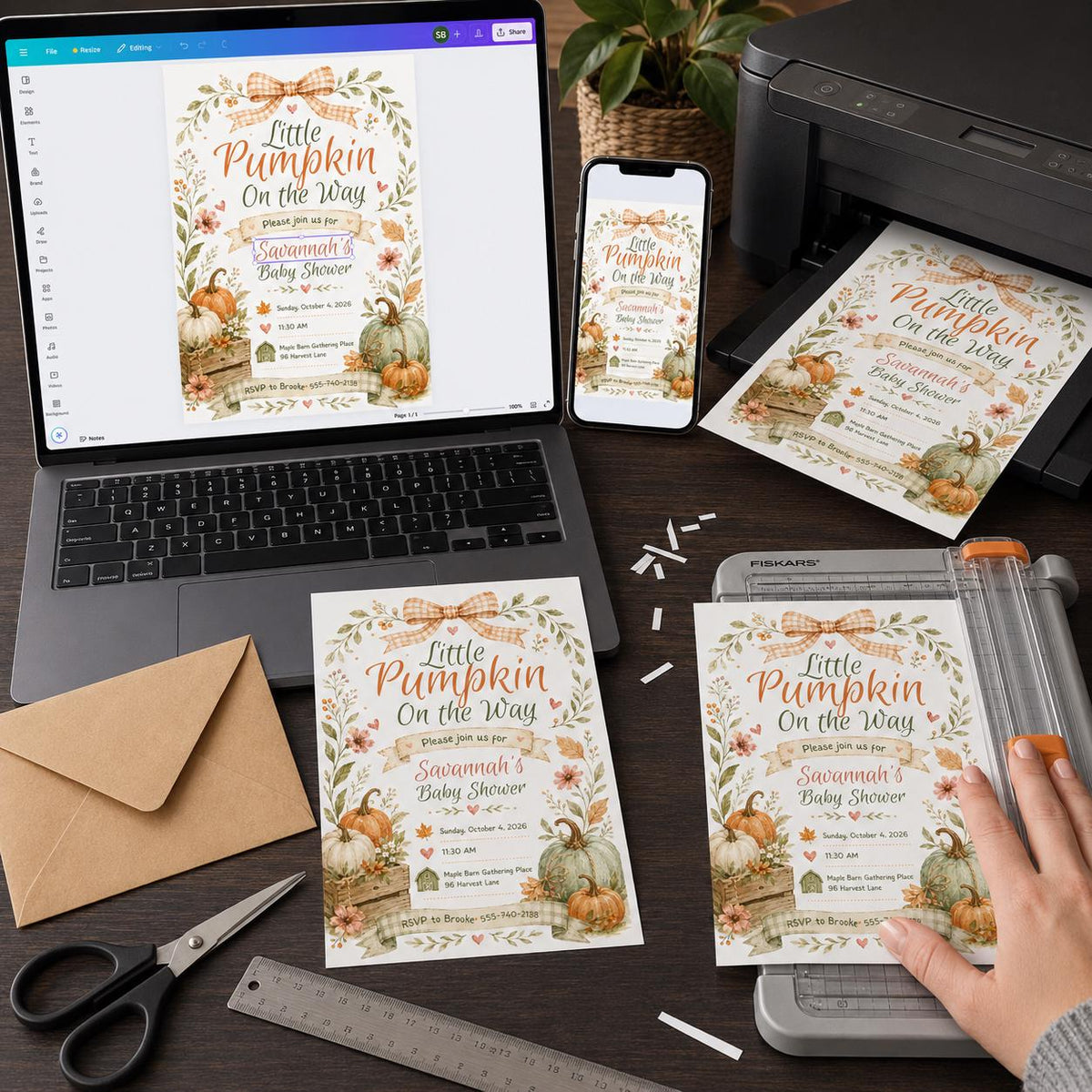 Gingham Bow Harvest Pumpkin Baby Shower Invitation — print-ready baby shower design from VoltBy