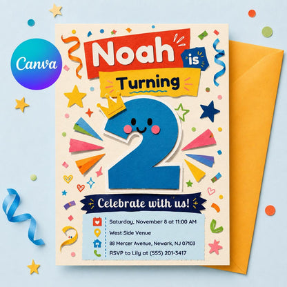 Gingham Funny 2nd Birthday Invitation — editable Canva template