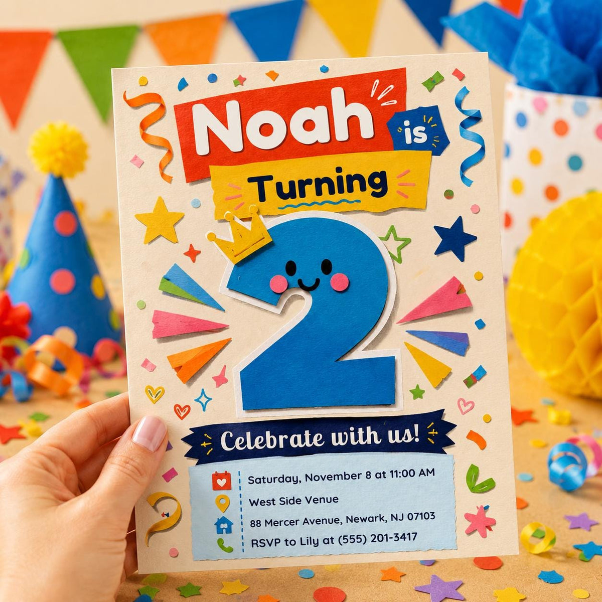 Gingham Funny 2nd Birthday Invitation — print-ready 2nd birthday party design from VoltBy