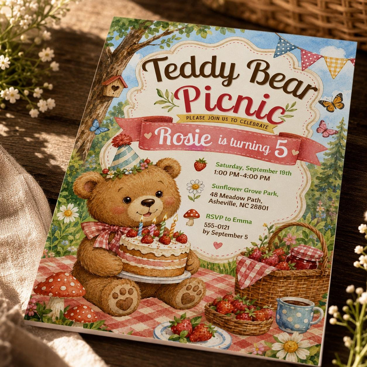 Gingham Teddy Bear Picnic 5th Birthday Invitation for Girls — strawberry design