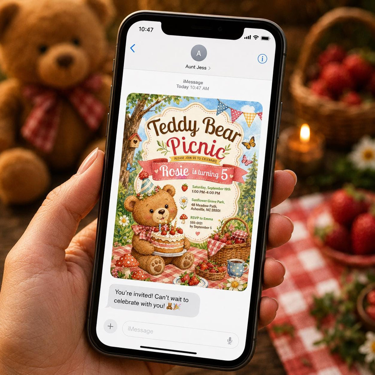 Gingham Teddy Bear Picnic 5th Birthday Invitation for Girls — invitation you personalize in Canva