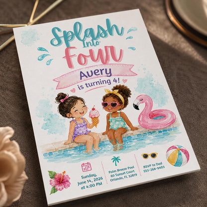Girl Pool Party Birthday Invitation — print-ready birthday party design from VoltBy