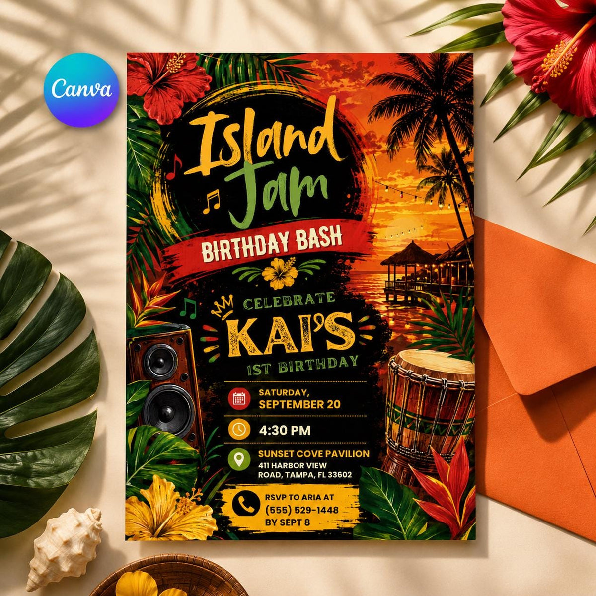 Glitter Island Jam Birthday Invitation — editable Canva template