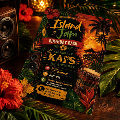 Glitter Island Jam Birthday Invitation — invitation you personalize in Canva