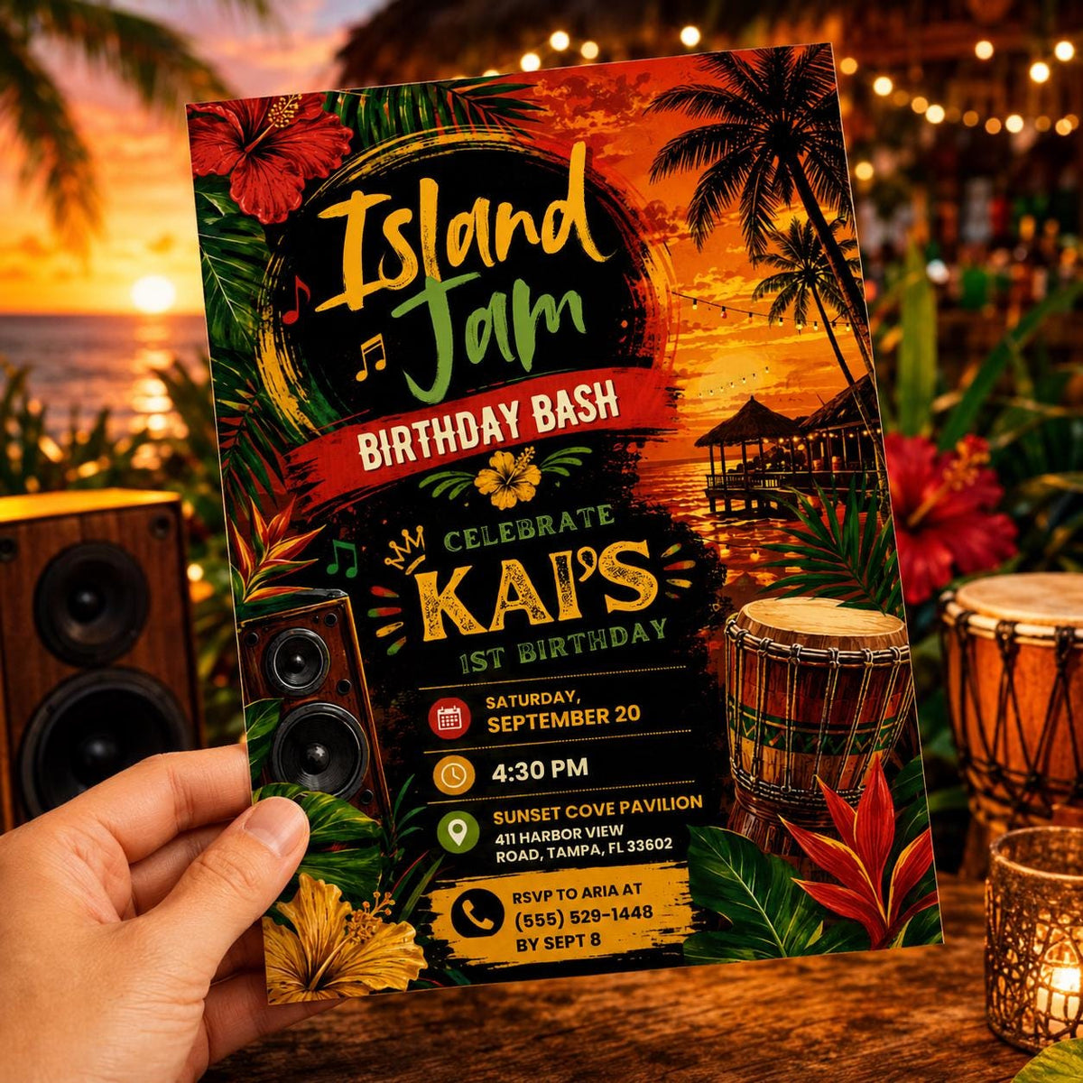 Glitter Island Jam Birthday Invitation — digital invitation, instant download