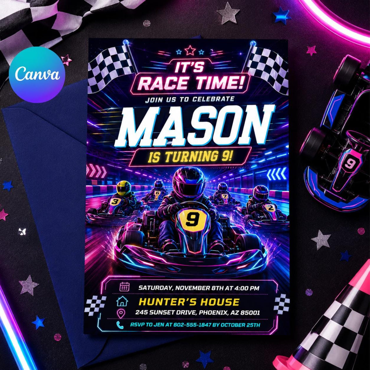 Go-Kart Racing 6th Birthday Invitation with Checkered Flags — editable Canva template