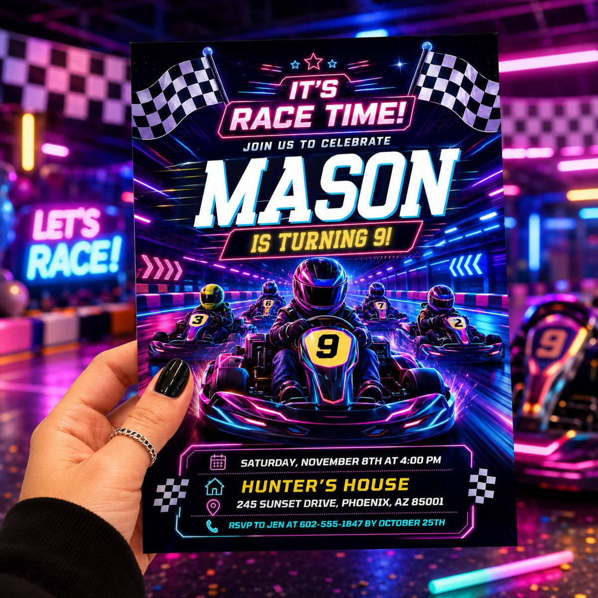 Go-Kart Racing 6th Birthday Invitation with Checkered Flags — invitation you personalize in Canva