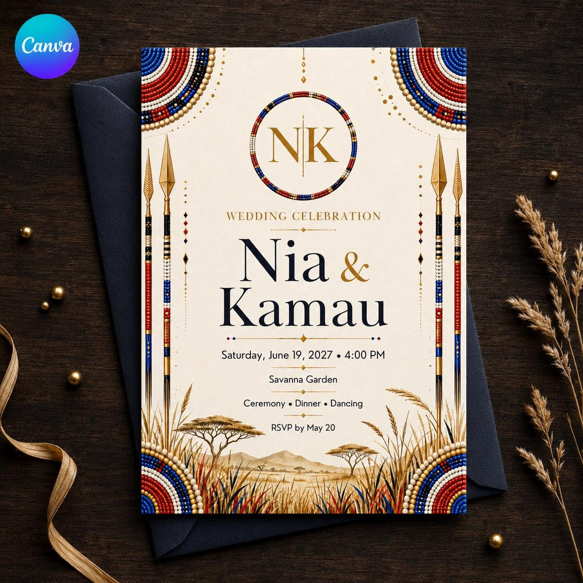 Gold African Wedding Invitation — editable Canva template