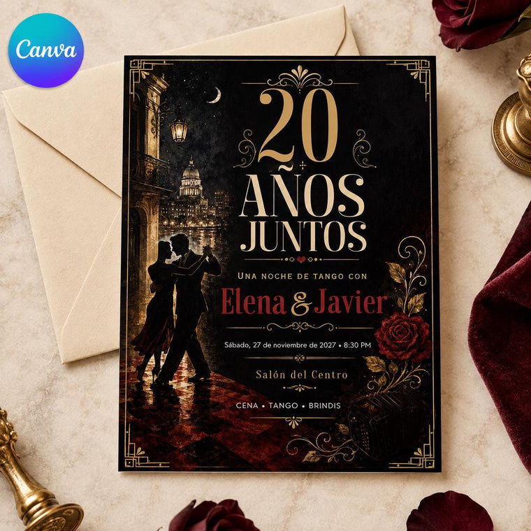 Gold and Black 20th Anniversary Tango Invitation