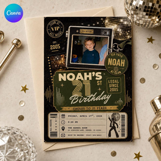 Gold and Black 21st Birthday Invitation with Photo — editable Canva template
