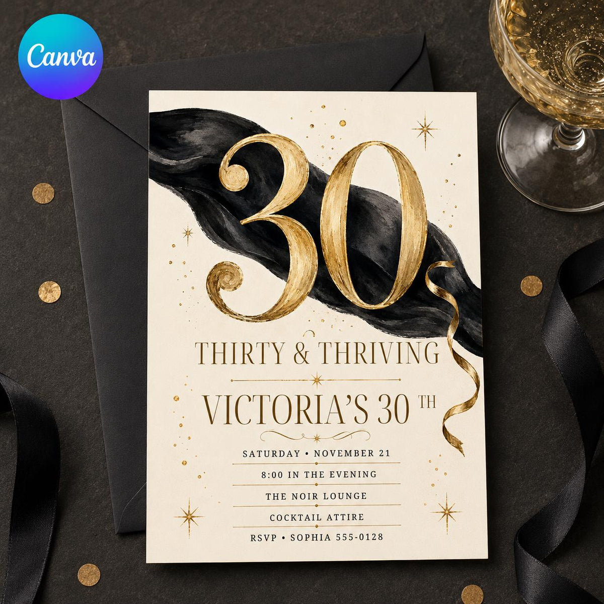 Gold and Black 30th Birthday Invitation — editable Canva template