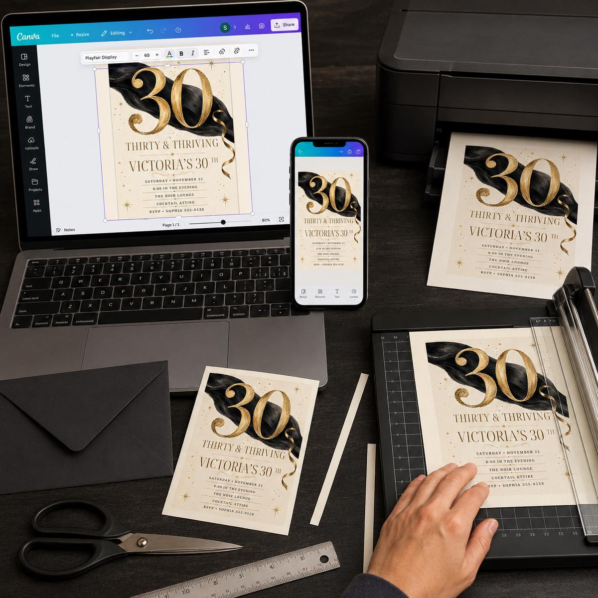 Gold and Black 30th Birthday Invitation — print-ready 30th birthday party design from VoltBy