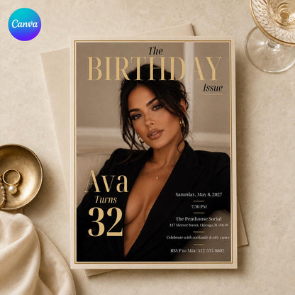Gold and Black 32nd Birthday Invitation — editable Canva template