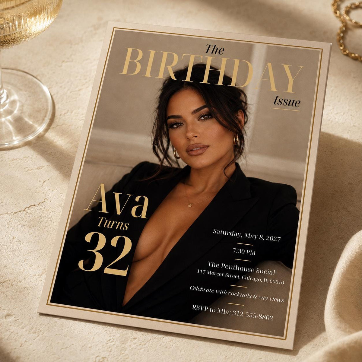 Gold and Black 32nd Birthday Invitation — editorial 32nd birthday party design