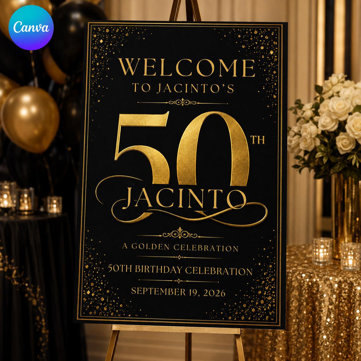 Gold and Black 50th Birthday Welcome Sign — editable Canva template