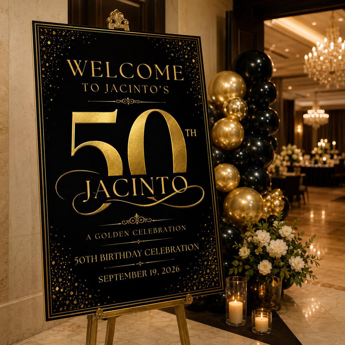Gold and Black 50th Birthday Welcome Sign — welcome sign you personalize in Canva