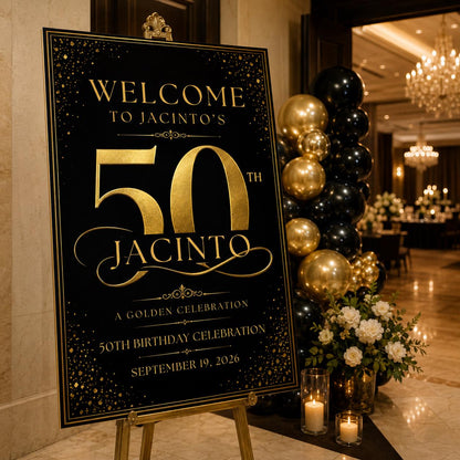 Gold and Black 50th Birthday Welcome Sign — welcome sign you personalize in Canva