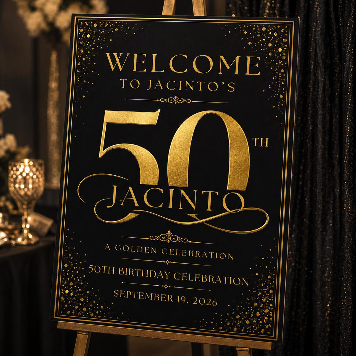Gold and Black 50th Birthday Welcome Sign — elegant 50th birthday party design