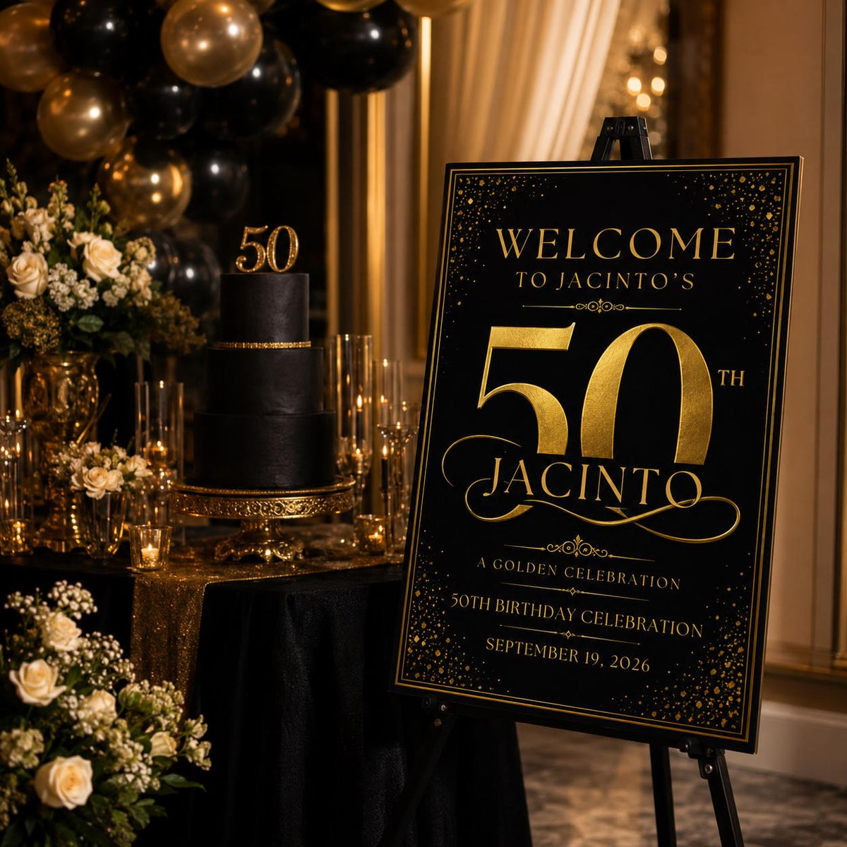Gold and Black 50th Birthday Welcome Sign — print-ready 50th birthday party design from VoltBy