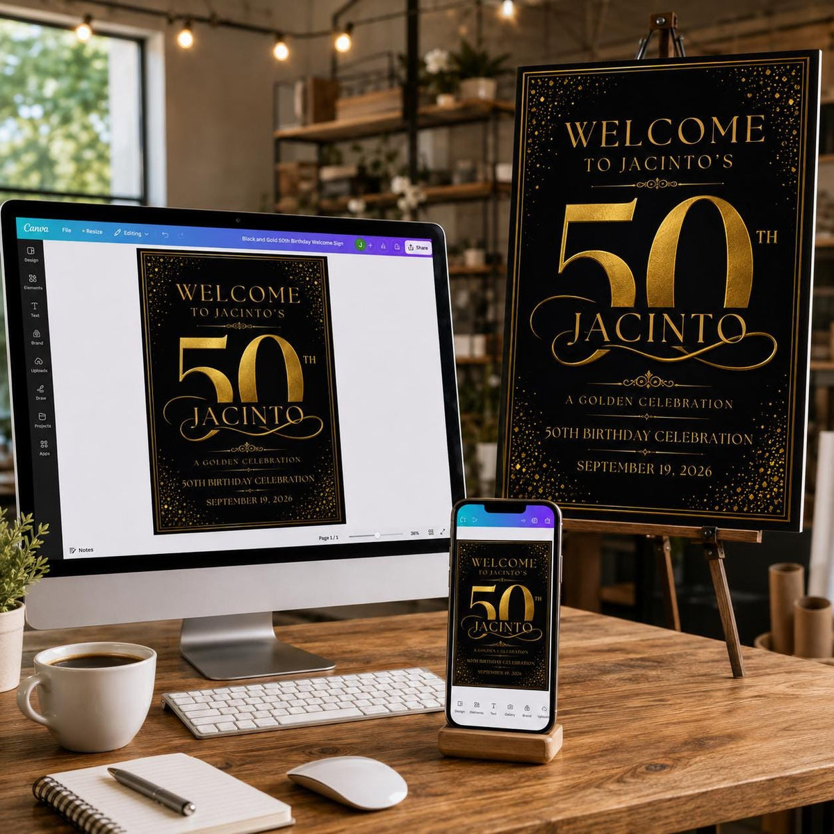 Gold and Black 50th Birthday Welcome Sign — digital welcome sign, instant download