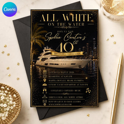 Gold and Black All White Yacht Party Invitation — editable Canva template