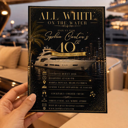Gold and Black All White Yacht Party Invitation — boat design
