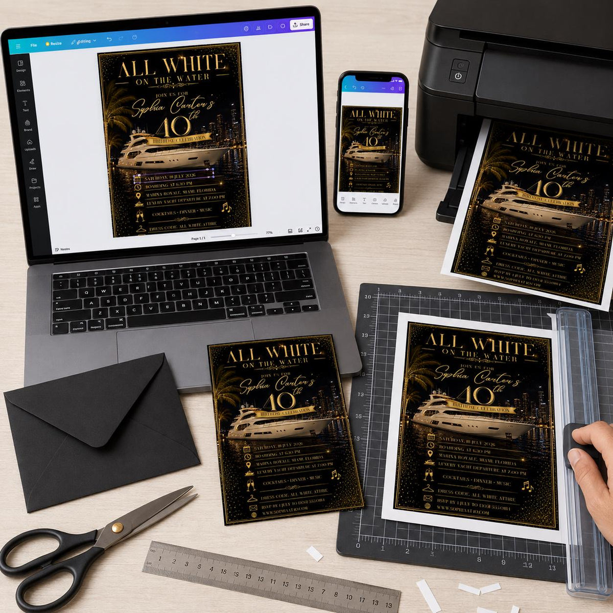 Gold and Black All White Yacht Party Invitation — invitation you personalize in Canva