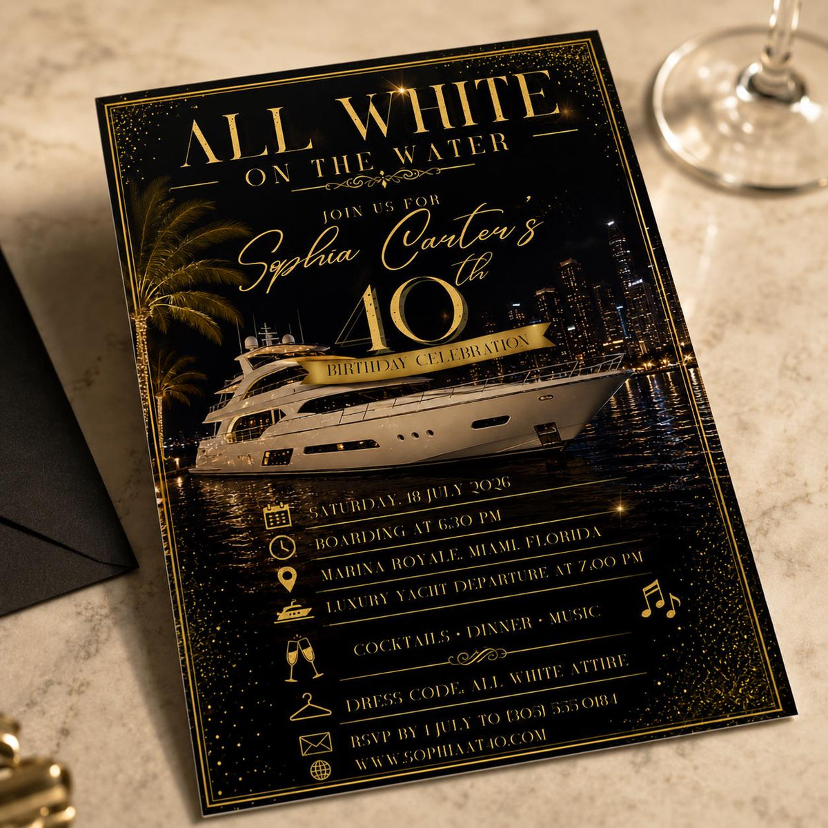 Gold and Black All White Yacht Party Invitation — print-ready 40th birthday party design from VoltBy