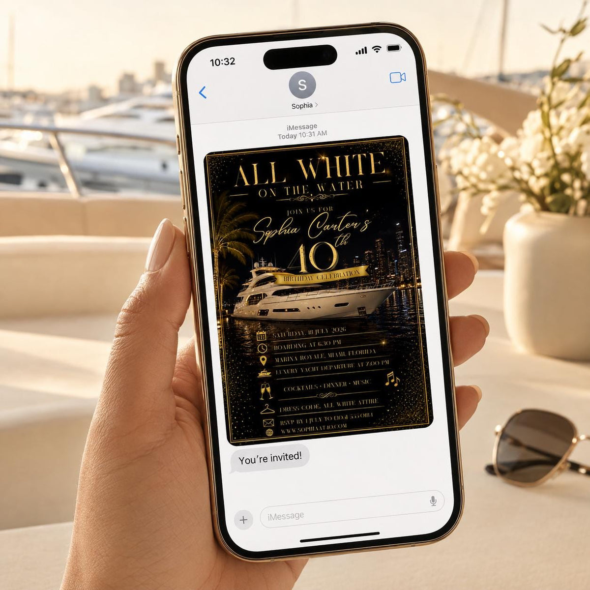 Gold and Black All White Yacht Party Invitation — digital invitation, instant download
