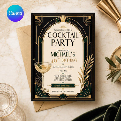 Gold and Black Art Deco Cocktail Party Invitation — editable Canva template