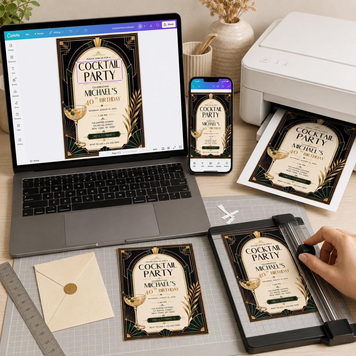 Gold and Black Art Deco Cocktail Party Invitation — invitation you personalize in Canva