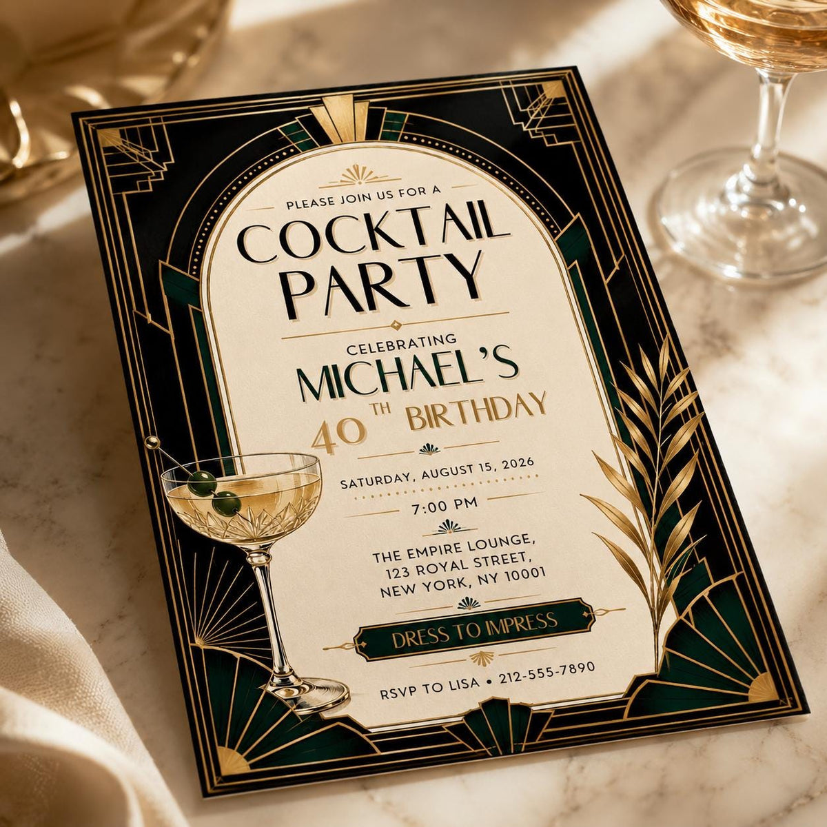 Gold and Black Art Deco Cocktail Party Invitation — print-ready 40th birthday party design from VoltBy