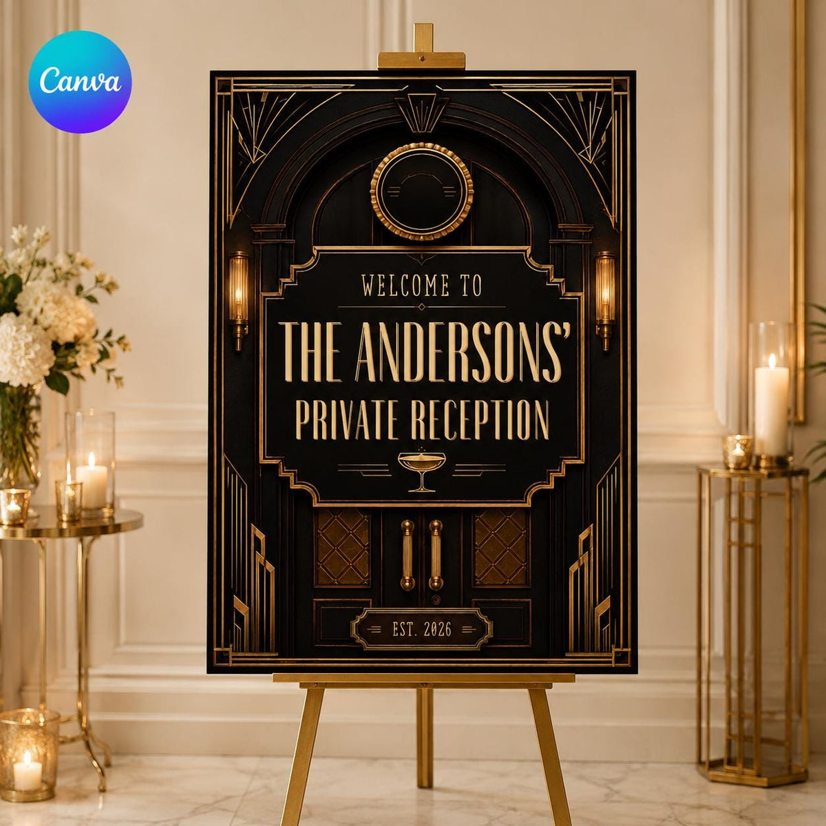 Gold and Black Art Deco Welcome Sign — editable Canva template