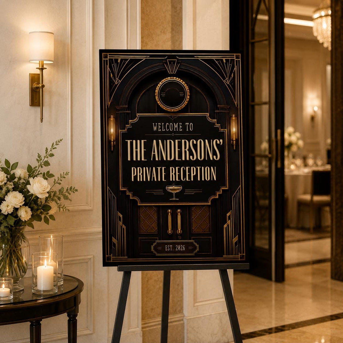 Gold and Black Art Deco Welcome Sign — welcome sign you personalize in Canva