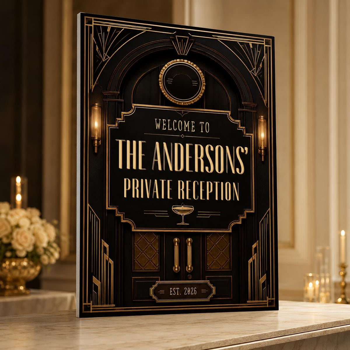 Gold and Black Art Deco Welcome Sign — print-ready celebration design from VoltBy