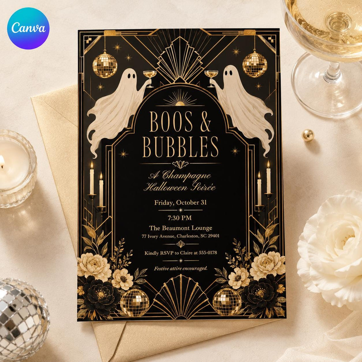 Gold and Black Boos and Bubbles Halloween Invitation — editable Canva template